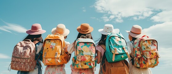 young children with backpack travel together in school field trip day, happy joyful young childhood lifestyle, Generative Ai - Powered by Adobe