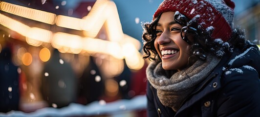 happy Mexican woman closeup portrait smiling at Christmas festival at night time with bokeh light,...