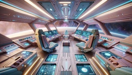Spacious command center of a futuristic spaceship with high-tech control panels and cosmic views