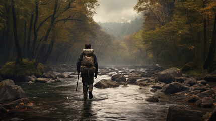 Jungle Adventure. Hiking man walking across the river on the trail - obrazy, fototapety, plakaty