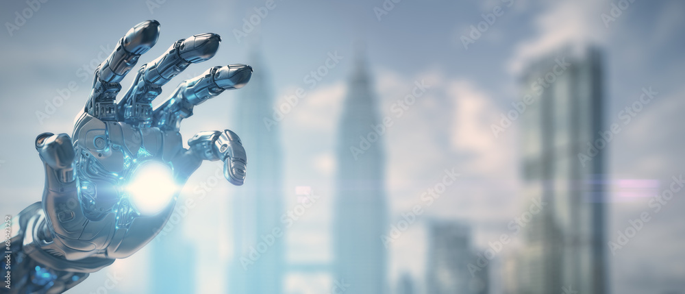Poster robotic hand with energy core activation, generative ai