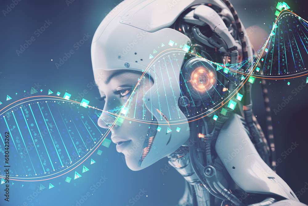 Poster Cyborg profile with illuminated DNA helix visualization, Generative AI