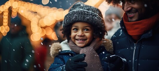 young African baby boy with father closeup portrait smiling at Christmas festival at night time with bokeh light, winter fun fair happiness time, Generative Ai - obrazy, fototapety, plakaty