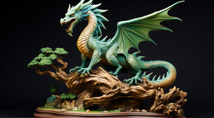Fototapeta premium green dragon figurine on top of a tree top, 2024 New Year dragon symbol Chinese New Year