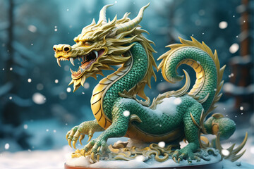 Fototapeta premium a green and gold dragon figurine sits on snow decoration, 2024 New Year dragon symbol Chinese New Year