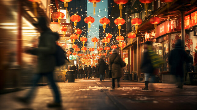 Long exposure shot of crowds walking on bright New Year streets, Chinatown, fast movement, blur, Chinese paper lanterns, lanterns