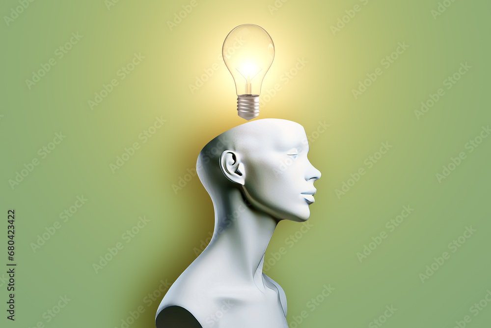Poster mannequin head with a bright idea lightbulb, generative ai