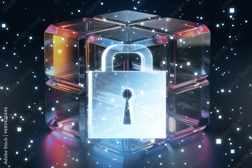Aufkleber Futuristic digital padlock in a transparent cube on a starry cyberspace background, symbolizing secure data encryption. Generative AI