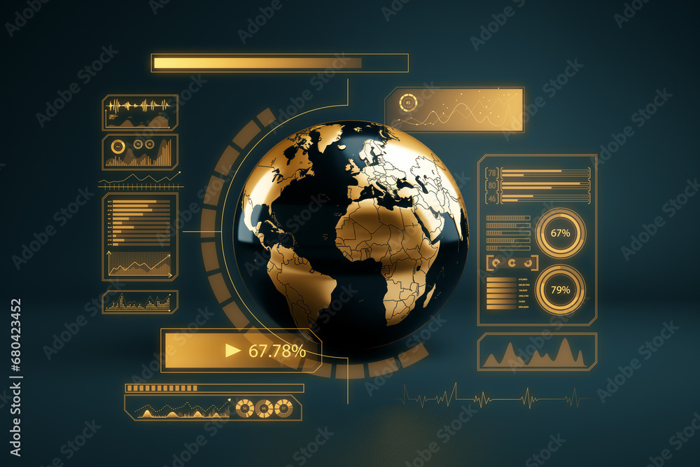 Aufkleber Futuristic world map interface with statistical data panels and HUD elements, representing global connectivity. Generative AI