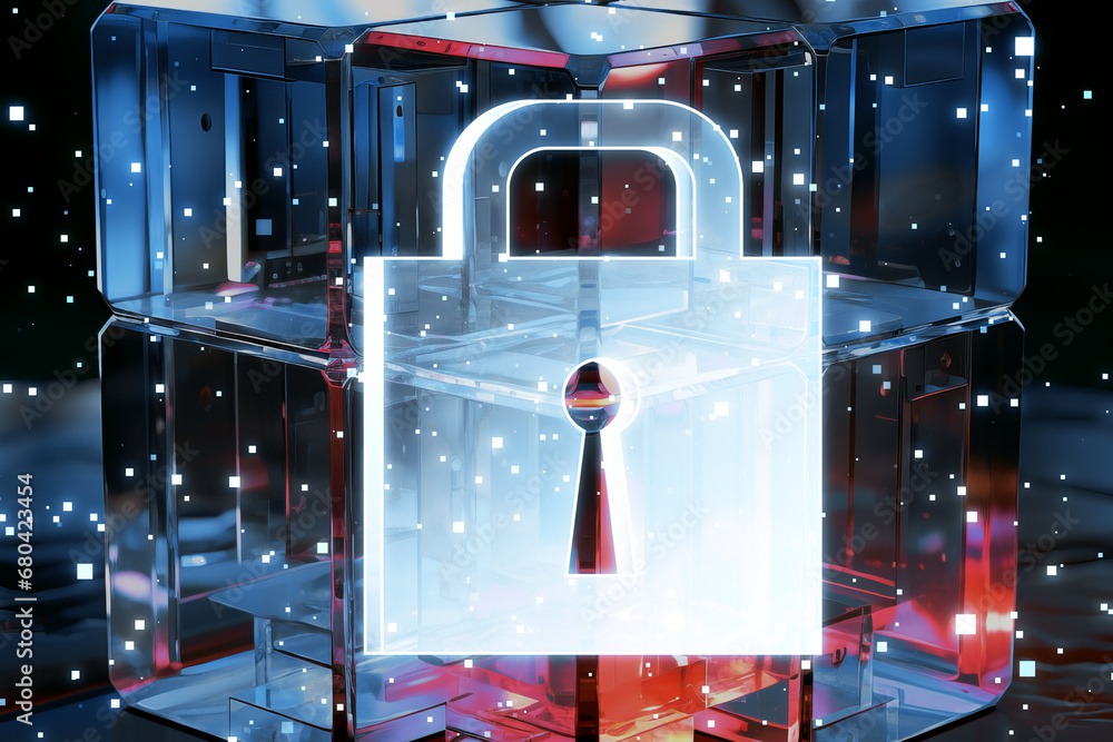 Aufkleber 3d padlock inside a glowing cube, representing network security and digital protection in cyberspace