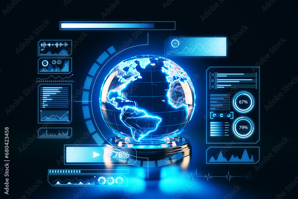 Poster futuristic digital globe with dynamic interface elements on dark background. technology and analytic