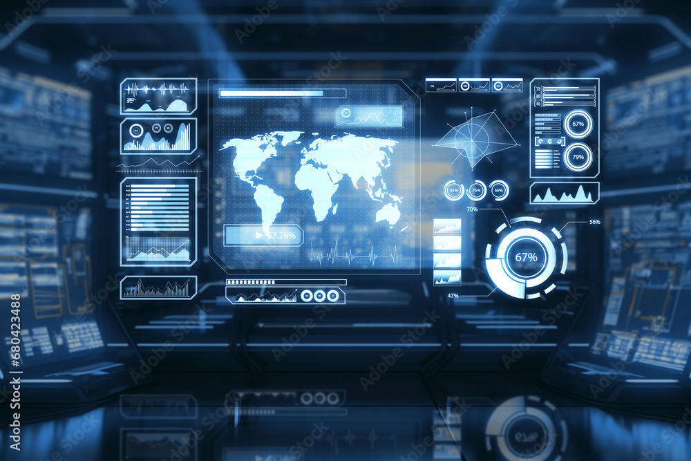 Poster futuristic network monitoring center with digital world map and dynamic data visualization. command 