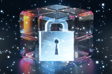 Futuristic digital padlock in a transparent cube on a starry cyberspace background, symbolizing secure data encryption. Generative AI