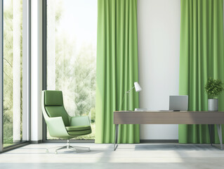 Bright office with green curtains and nature view, Generative AI - obrazy, fototapety, plakaty