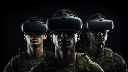 A soldier in camouflage gear uses advanced virtual reality (VR) glasses to remotely control a military drone for a distant, strategic mission, showcasing modern warfare technology.