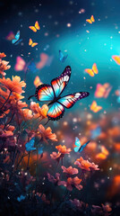 Fototapeta na wymiar Background valley of flower garden with colorful monarch butterflies