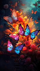 Background valley of flower garden with colorful monarch butterflies