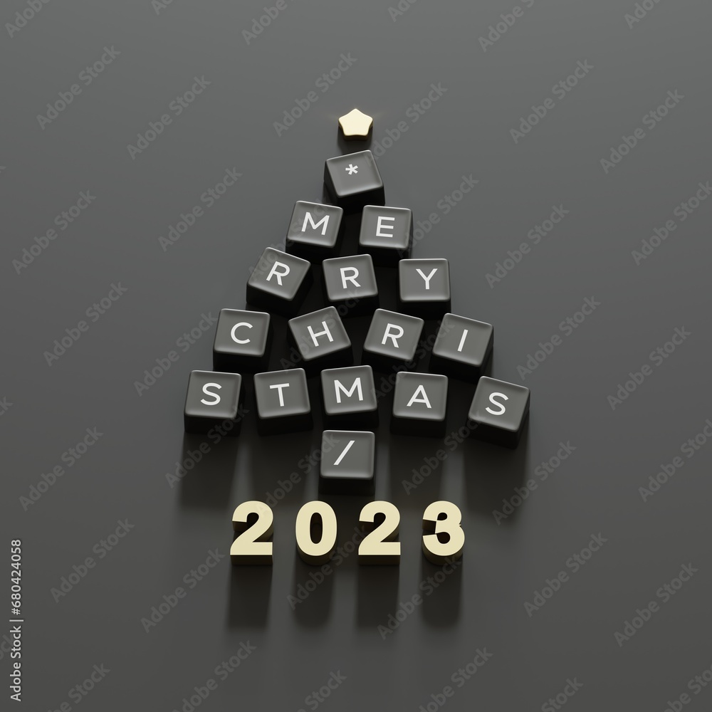Poster christmas tree symbol made by black color computer keys cap on black background. minimal christmas i