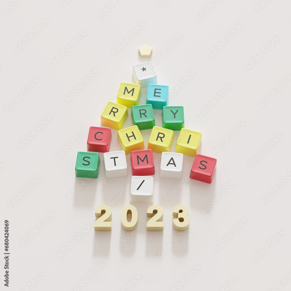 Poster christmas tree symbol made by color computer keys cap on white background. minimal christmas idea co