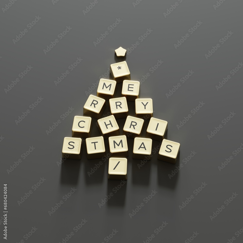 Poster christmas tree symbol made by golden color computer keys cap on black background. minimal christmas 