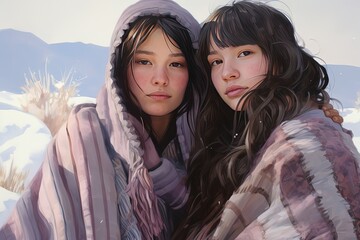 Fototapeta premium painting style illustration of two girls in winter landscape, Generative Ai