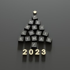 Christmas Tree Symbol made by black color Computer keys cap on black background. Minimal Christmas idea concept flat lay 2023 . 3D Rendering - 680424058