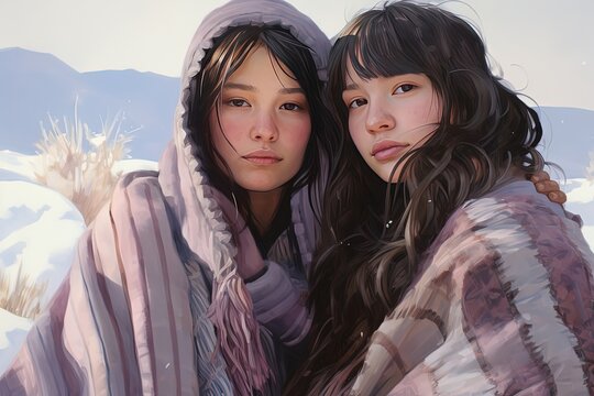 painting style illustration of two girls in winter landscape, Generative Ai
