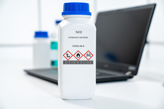 NO2 nitrogen dioxide nitrogen(IV) oxide CAS 10102-44-0 chemical substance in white plastic laboratory packaging