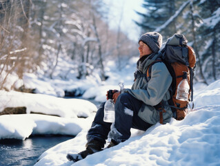 Male hiker wearing an sport wear and a backpack sitting in forest by river in winter.