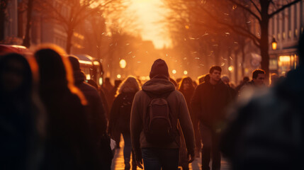 Rear view on a man with backpack in crowd of people are walking on the city street, against a sunset. Selective focus, shallow depth of field