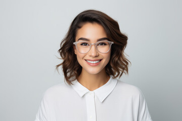 Portrait of a young pretty smiling woman in glasses, wearing white shirt on a light gray background