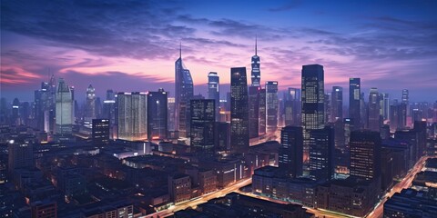 Fototapeta premium Panoramic view on a urban cityscape at twilight, with towering skyscrapers illuminated by the soft glow of city lights. Background, wallpaper