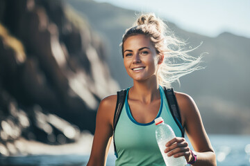 Beautiful girl with a bottle of mineral water while exercising, on the background of mountain landscape in blurring - obrazy, fototapety, plakaty