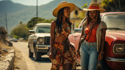 Two girlfriends walk along the road in the Caribbean islands - obrazy, fototapety, plakaty