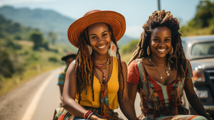 Two girlfriends walk along the road in the Caribbean islands - obrazy, fototapety, plakaty