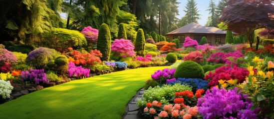 Obraz premium In the background, a stunning garden full of colorful flowers showcases the beauty of nature in spring, with vibrant floral blooms in shades of green, blue, and every color of the rainbow. The lush