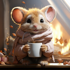 Cute mouse with a scarf and tea. Christmas atmosphere . Generative AI