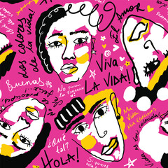 Abstract Hand Drawing Woman Girl Faces with Spanish Quotes Slogans Motivation Text Seamless Pop Art Retro Textile Vector Pattern Isolated Background © Didem