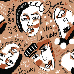 Abstract Hand Drawing Woman Girl Faces with Spanish Quotes Slogans Motivation Text Seamless Pop Art Retro Textile Vector Pattern Isolated Background © Didem