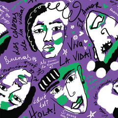 Abstract Hand Drawing Woman Girl Faces with Spanish Quotes Slogans Motivation Text Seamless Pop Art Retro Textile Vector Pattern Isolated Background © Didem