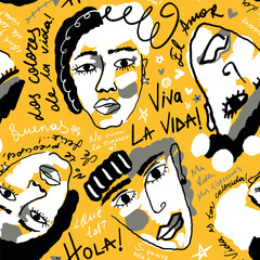 Abstract Hand Drawing Woman Girl Faces with Spanish Quotes Slogans Motivation Text Seamless Pop Art Retro Textile Vector Pattern Isolated Background © Didem
