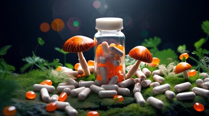 An array of various prescription pills, capsules, and tablets infused with medicinal mushroom extracts, showcasing a blend of modern pharmaceuticals and natural therapy ingredients for medical use. - obrazy, fototapety, plakaty