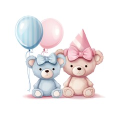 He or she. Cartoon watercolor gender reveal invitation template. cute bears with helium balloons