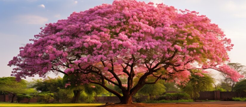 The magnificent Tabebuia rosea, also known as the Pink Trumpet tree, showcases its beauty with a plethora of delicate pink flowers adorning the tree.