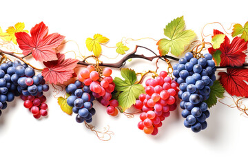 Hanging bunches of natural ripe red grapevines with branches and leaves on white background. Grapes for the production of red wine. Autumn harvest. Organic fruits - obrazy, fototapety, plakaty