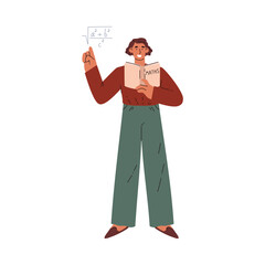 Smiling woman with mathematics textbook points finger at formula