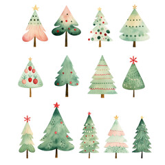 Pine tree watercolor Christmas green clipart PNG 300 DPI crop picture use Spruce and holiday tree. Hand-drawn illustration transparent background