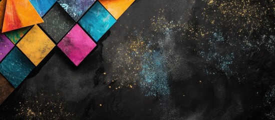 The black chalkboard background provided a perfect canvas for the artist to create a stunning watercolor design, blending vibrant colors and glitter accents with geometric patterns, all while - obrazy, fototapety, plakaty