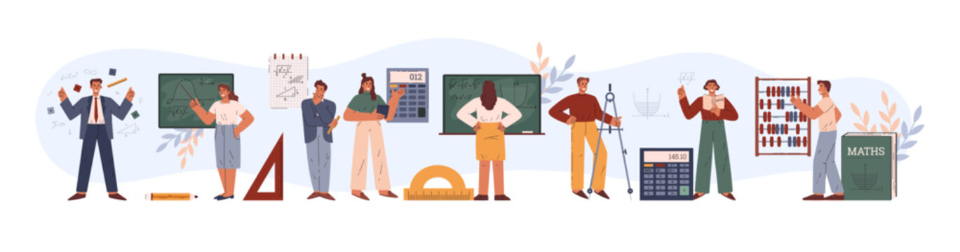Mathematicians, set of cartoon vector illustrations with people
