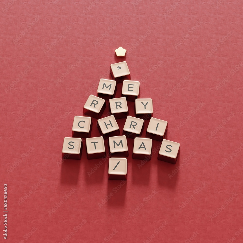 Poster christmas tree symbol made by golden computer keys cap on red color background. minimal christmas id